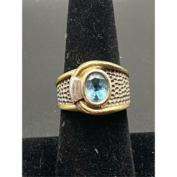 Sterling silver 925 wrap around buckle folder ring oval topaz textured with gold - Picture 1 of 13